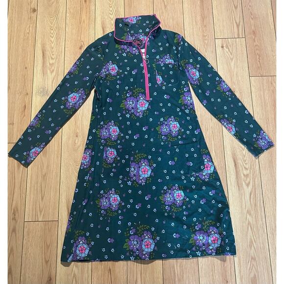 Tante Betsy Green/Purple/Fuchsia Floral Print Long Sleeve 1/4 Zip Dress - Size L - Picture 1 of 8